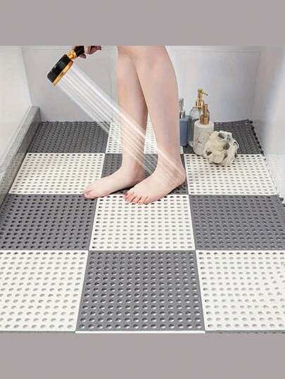 TPE浴室垫，塑料镂空防水泳池垫，带排水孔的互锁地砖，浴室格栅脚垫，卫生间双色防滑浴室垫，淋浴安全防滑地垫，颜色鲜艳，可随意折叠，不变形，任意裁剪，易拼接，浴室配件，适用于浴室，泳池，露台，厨房，客厅，户外，阳台，狗舍，鸡舍，地板格栅