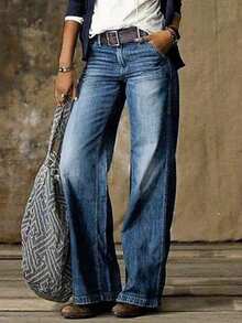 Vaqueros casuales de cintura alta y pierna ancha en estilo retro para mujeres