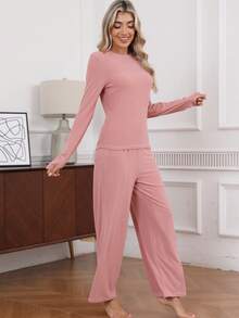 2 Pcs Pajama Set: Soft & Stretchy Milk Silk Women Home Suit, Comfortable Spring/Summer/Autumn Sleepwear, Two Pieces Set - Dusty Pink - View 6