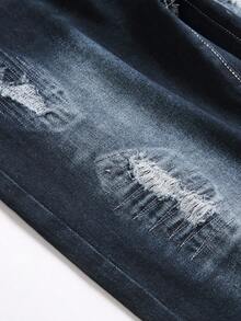 Retro Style Distressed Embroidery Dark Blue Slim Fit Straight Leg Casual Jeans For Teenage Boys