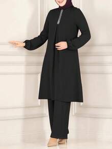 女士休闲纯色圆领衬衫上衣搭配宽松长裤两件套，优雅风格