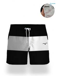 Quần short nam mùa hè in họa tiết 3D Seagull, cạp chun, nhanh khô, hai lớp, có lót lưới, quần short đi biển thường ngày thời trang cho kỳ nghỉ, phong cách Hawaii - Đen và trắng - Xem 6