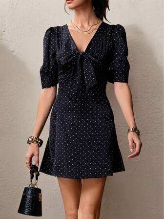 Women's Polka Dot V-Neck Tie Front Bow Knot Short Sleeve Black Mini Dress, Elegant & Modest Outfit For Summer Outing, Business, Office, Casual Daily Fashion