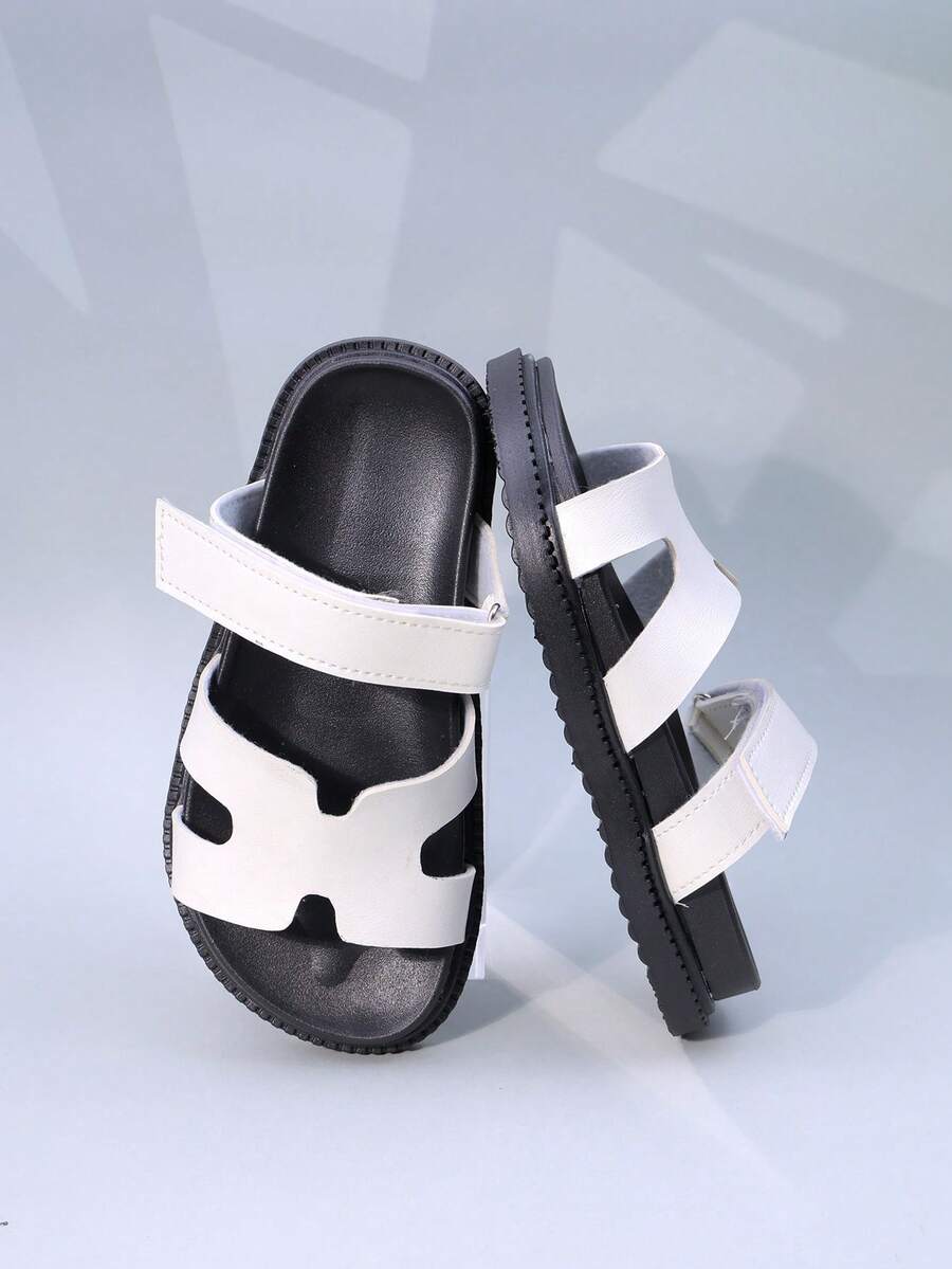 1 Pair Children's Simple Solid Color Synthetic Leather Comfortable Lightweight Double Strap Design Flat Casual Slippers, Suitable For Daily Wear, Beach Vacation