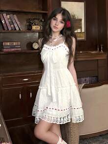 Sweet White Wedding Guest Party Dress Women Summer Lace Bow Hollow Out Sleeveless Mini Dresses Holiday Beach Outfits - View 2