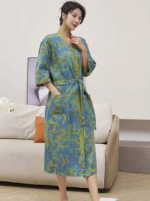 1 Stück langer, vintage Blumenmuster Bademantel, Gaze Bademantel, saugfähig und schnelltrocknend, Damen Bademantel, geeignet als Handtuchmantel, Frühlings/Sommer Nachtwäsche, doppellagige Gaze, Bad- und Heimbedarf Badezimmer Dekoration Schulanfang