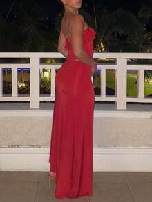 女士优雅纯色荷叶边抹胸裙休闲性感度假夏季派对街头装两件套