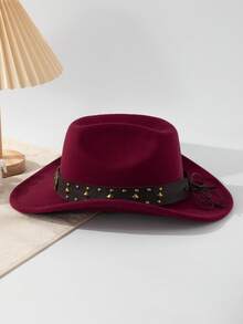 1pc Solid Color Casual Vintage Polyester (Polyester) Animal Shaped Cowboy Hat With Retro 3D Copper Bull Head Badge, Square Rivet, Round Rivet, Yellow Stone Element Leather Strap, American Western Wide Brim Cowboy Hat