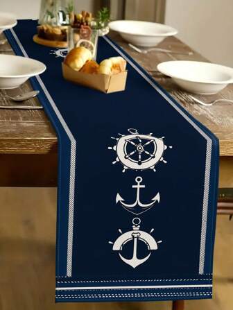 1 件船锚图案桌旗，航海风格，亚麻面料，包括 1 条桌旗、4 个餐垫、1 个枕套、3 件套 1 套、夏季海洋家居装饰室内外派对用品、航海主题装饰、房间装饰。适用于厨房装饰和活动派对装饰
