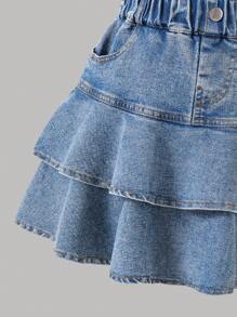 Tween Girl Butterfly Print Short Sleeve Top And Denim Mini Skirt
