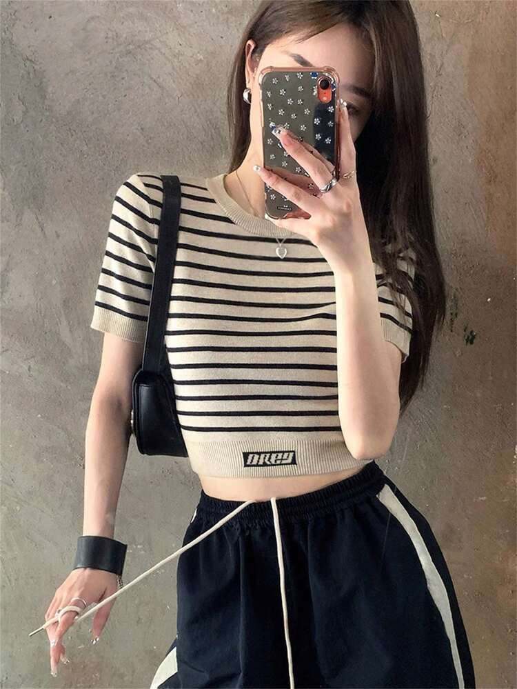 Korean Style Striped Slim Fit Round Neck Short Sleeve Knit T-Shirt For Women, Sexy Casual Summer Top - Black Apricot Stripes - View 7