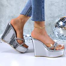 Women's Double Bowknots Crystal Sandals Clear Slingback Heels Square Toe Low Block Chunky Heels Sandals Wedding Party Dress Pumps Shoes WEGO-2 - 銀色 - 查看 9