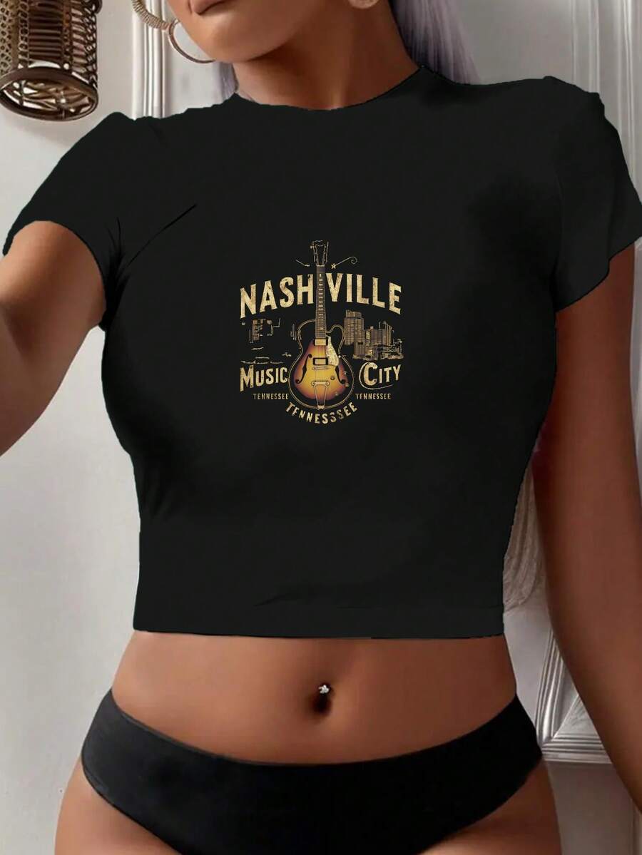 Nashville Guitar Illustration Women's Fashion Short T-Shirt - màu đen - Xem 1