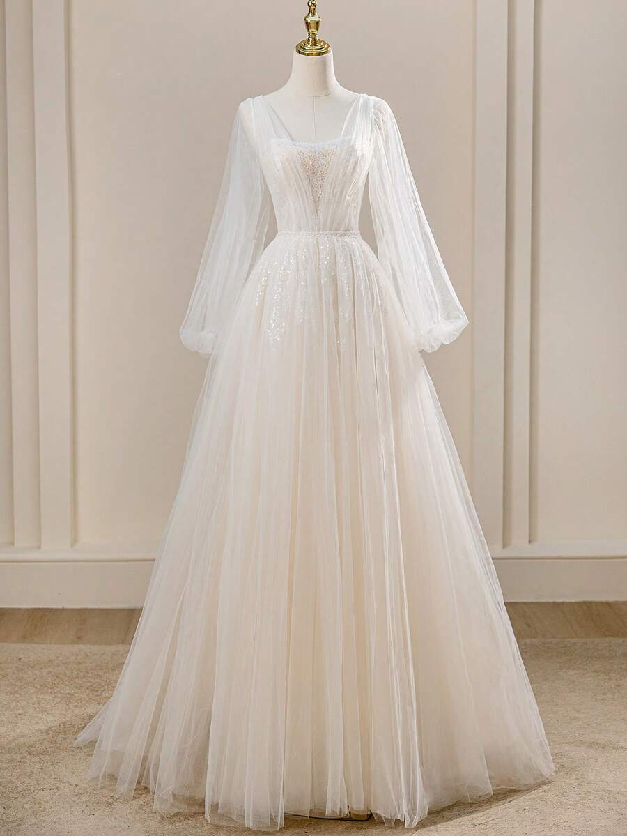 Vestido de novia largo de manga larga con malla de lentejuelas elegante ...