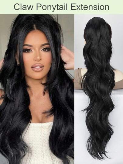 Extensão de Rabo de Cavalo, Extensão de Rabo de Cavalo com Presilha de 30" Preto Encaracolado e Ondulado, Extensão de Cabelo Sintético Volumoso e de Aparência Natural para Uso Diário e de Natal