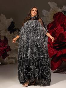 Rochie lungă de lux elegantă, cu paiete și perle, pentru femei, mărime plus, din 2 piese