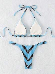 LUCKY HOLIDAY Fashionable And Sexy Strappy Triangle Bikini Set - Light Blue - View 3
