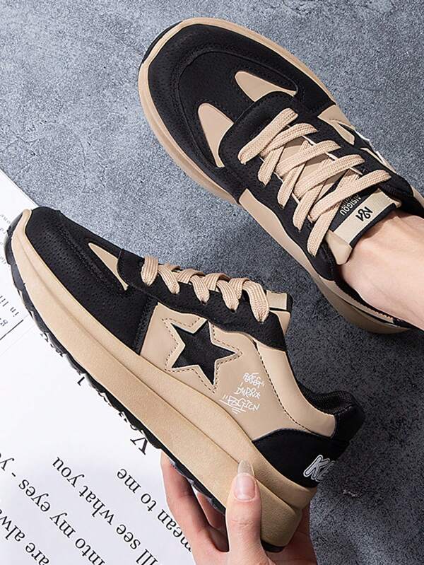 Women's Lace-Up Rubber Sole Sneakers, Round Toe, Thick Bottom, Multifunctional Casual Sports Shoes, Waterproof Anti-Slip Easy To Clean Durable Lightweight Trainers, Versatile Spring/Autumn New Arrival, Size 35-40