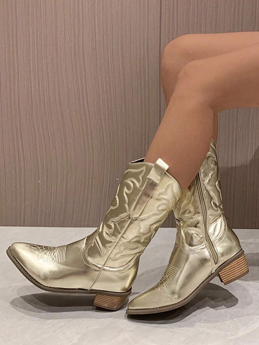 秋冬季女士热门百搭银色刺绣切尔西靴，西部风格，牛仔靴，派对装扮 - 金色 - 查看 1