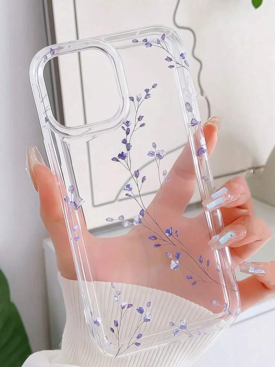 Flower 1pc 紫色花卉图案透明气垫防摔 TPU 全身手机保护壳适用于 16 15 14 13 12 11 Pro Max、S24/23/22/21 Ultra、A55/54/53/52/51/33 防水防震防刮 - 彩色 - 查看 1