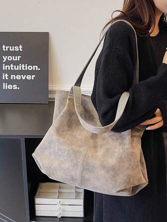 Tygväska med stor kapacitet, handväska i retrostil konstläder med framficka för arbete och resor