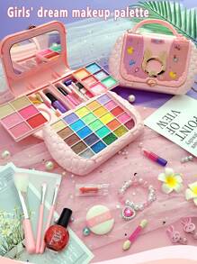 1pc Children Pretend Play Makeup Set, Girls Princess Cosmetic Box With Handbag, Lipstick, Eye Shadow, Brush, Birthday Gift