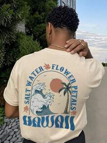 Men's Casual Vacation Palm Tree & Slogan Print Short Sleeve T-Shirt, Suitable For Summer, Breathable & Comfortable, Design