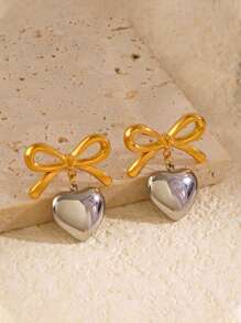 1 Pair Of 18K Gold Stainless Steel Contrast Color Bow-Knot & Heart Pendant Earrings For Women, Fashionable And Versatile, Suitable For Daily Wear, Party, Beach Holiday