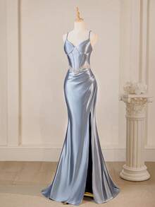 Ice Blue Spaghetti Strap Lace Patchwork Elegant Bodycon Mermaid Maxi Dress, Evening Gown, Halloween Women Costume, Formal, Party Dress, For Wedding Guest - Blue - View 4