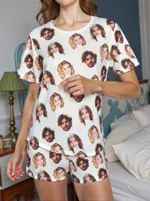 2pcs Customized Women Short Sleeve Shorts Pajama Set, With Personalized Photo, Portrait, Caricature Face Replacement, Lightweight Breathable Comfortable Fabric, Gift For Friends, Lovers, Partners, Party, Birthday, Christmas, Mother's Day, Includes 1 Eye Mask