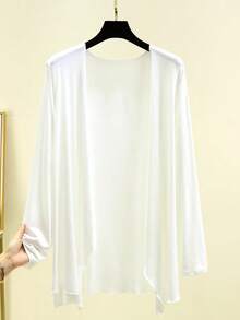 1件不对称下摆宽松薄款开衫，轻薄长袖空调披肩，加大码 - 針織披肩 - 查看 9