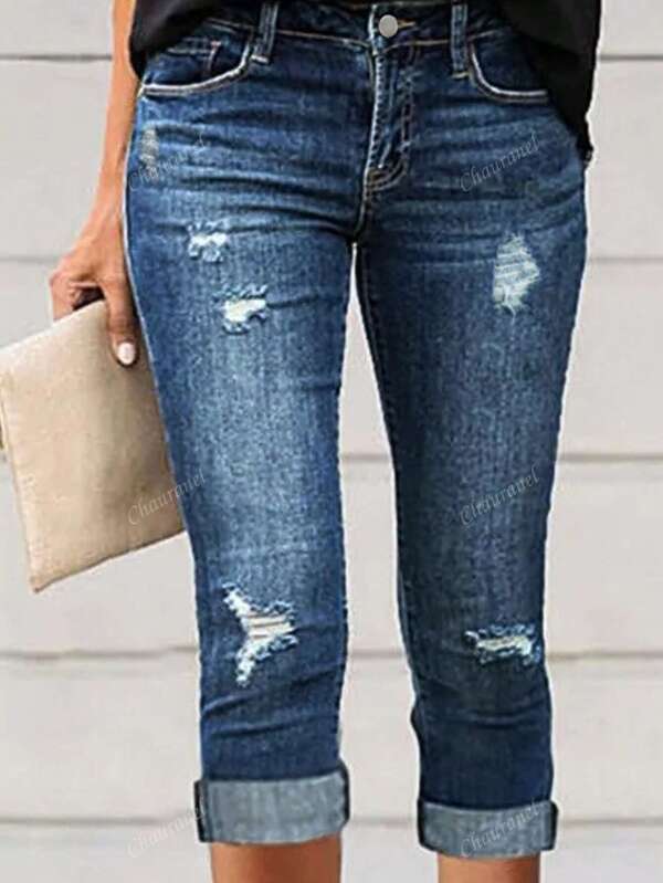 Women's Front Button Pocket Elegant Commuting Cuffed Ripped Denim Jeans