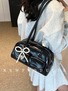 New Fashion Classic All-Match Solid Color PU Waterproof Fabric Women's Handbag, Beaded Bow Decoration Design Large Capacity Shoulder Bag, Shell Bag, Women's Wallet, Suitable For Shopping, Commuting, Travel Use, Street & Japanese Bag For Women
