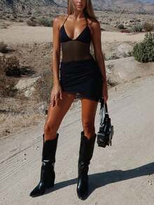 Solid Color Drawstring Open Back Halter Split Hem Sexy Dress Black Summer Party Elegant - Black - View 5