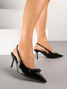 Vices Patent Leather Pumps With Open Heel And Decorative Bow Summer Sandals For Women - Black - View 1