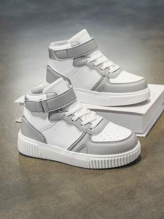 Kids New High-Top White & Gray Patchwork Lightweight Comfortable Sports Shoes, Minimalist Design Suitable For Children's Fitness, Running, Outdoor Play, Soft & Shock-Absorbing Soles, Large Size Casual Sneakers