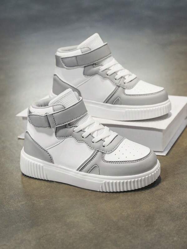 Crianças Novos Sapatos Esportivos Leves Confortáveis de Patchwork Branco e Cinza, Design Minimalista Adequado Para Fitness Infantil, Corrida, Jogos Ao Ar Livre, Solas Macias E Absorventes De Choque, Tênis Casuais De Tamanho Grande
