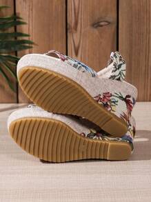 2024 New European Women Platform Floral Print Slide Sandals, Summer Outdoor Casual Leisure Chunky Wedge Adjustable Strap Comfortable Open Toe Shoes