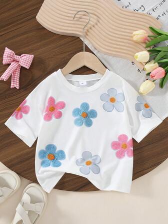 1 件女童宽松 3D 花卉印花白色短袖 T 恤，适合夏季