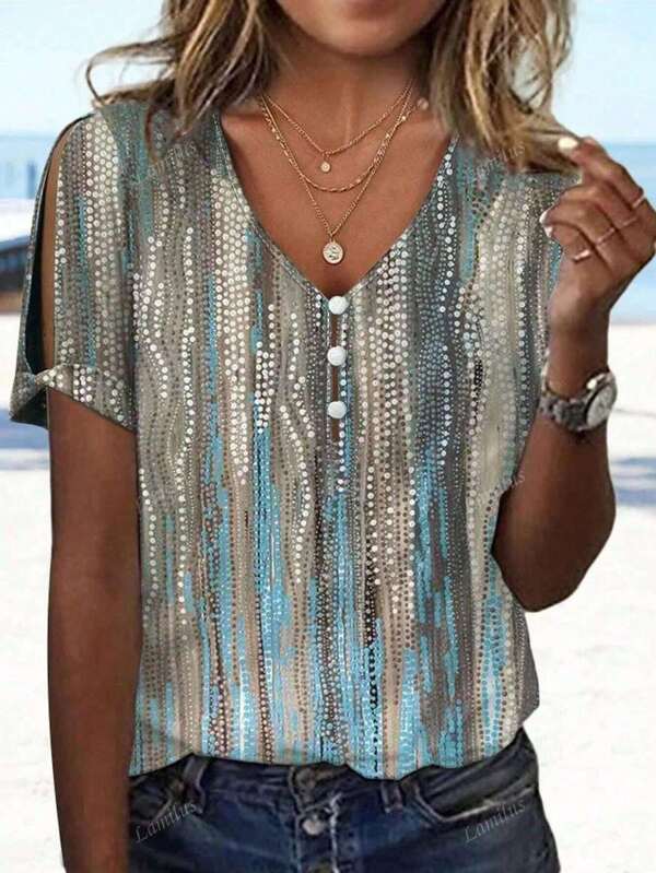 Camiseta de mujer de talla grande con detalle de botones y cuello en V calada, camisetas con gráficos