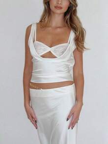 Conjunto de 2 peças de sutiã de renda de cor sólida para mulheres, blusa de cetim elegante com decote drapeado e sem mangas, adequado para deslocamento diário, saídas, encontros, roupas de garotas gostosas, roupas para shows, raves, festivais de música - Branco - Ver 3