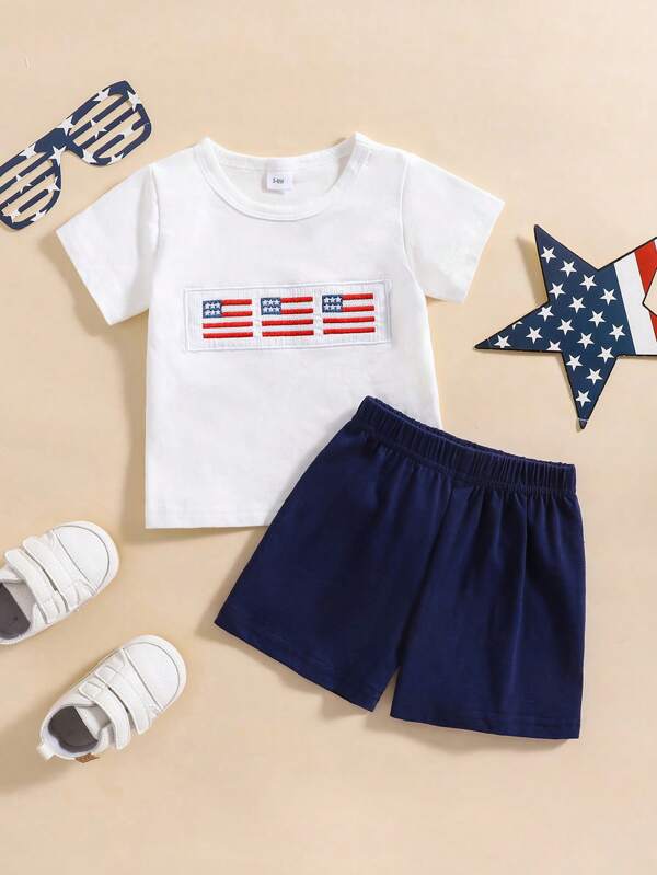 Nuevo conjunto de 2 piezas para bebé niño recién nacido con top de manga corta y pantalones cortos para el Día de la Independencia, atuendo popular de verano para niños pequeños