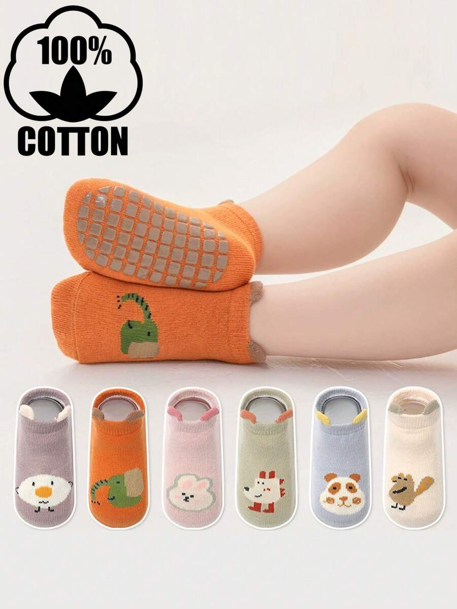 6 双棉质可爱 3D 卡通低帮防滑婴儿船袜，幼儿男童女童耳朵图案袜子 - 彩色 - 查看 1