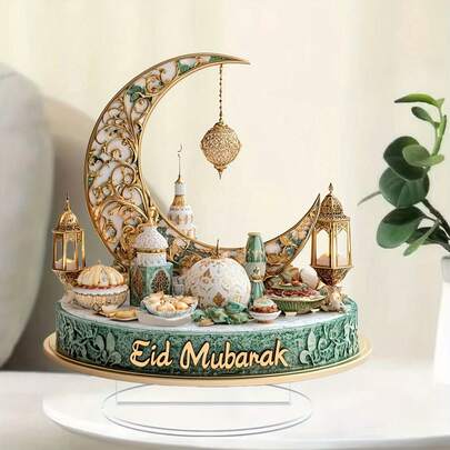 1pc Acrylic Home Decor Ornament, Eid Mubarak Star & Crescent Lantern Shaped Display Stand, Suitable For Living Room, Kitchen, Bedroom Decoration, Ramadan Eid Festival Gift