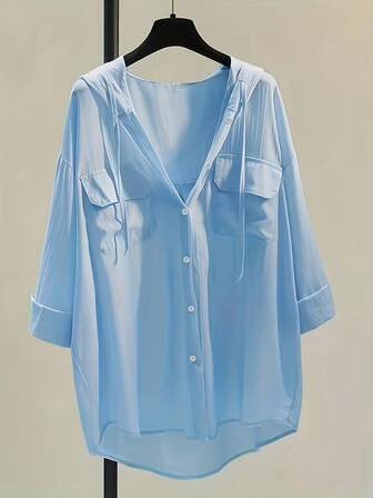 纯色纽扣衬衫，抽绳，高低，前口袋，翻领，七分袖，百搭春秋装，女款