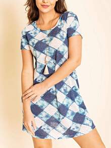 Boho Retro Rayon Cool Soft Summer Cuff Short Sleeve Crew Neck T Shirt Mini Dress Tunic With Pockets - 海軍 - 查看 3