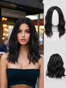 Retro Simple Black Medium Length Curly Wig 16 Inch Black Brown Water Wave Clavicle Hair Thin Breathable Fluffy Natural Female Heat Resistant Synthetic Fiber Wig Suitable For Daily Wear Casual Street Wig Shoulder-Length French Curls Sweet And Gentle