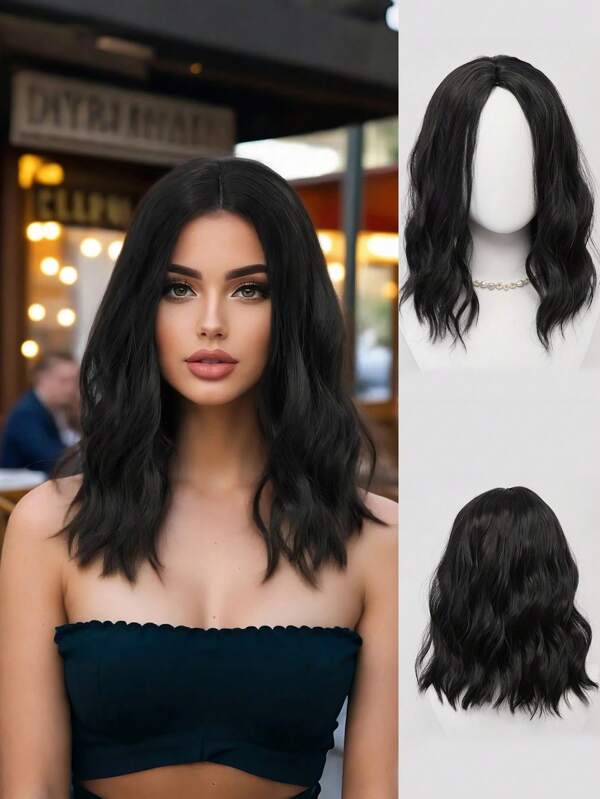 Retro Simple Black Medium Length Curly Wig 16 Inch Black Brown Water Wave Clavicle Hair Thin Breathable Fluffy Natural Female Heat Resistant Synthetic Fiber Wig Suitable For Daily Wear Casual Street Wig Shoulder-Length French Curls Sweet And Gentle