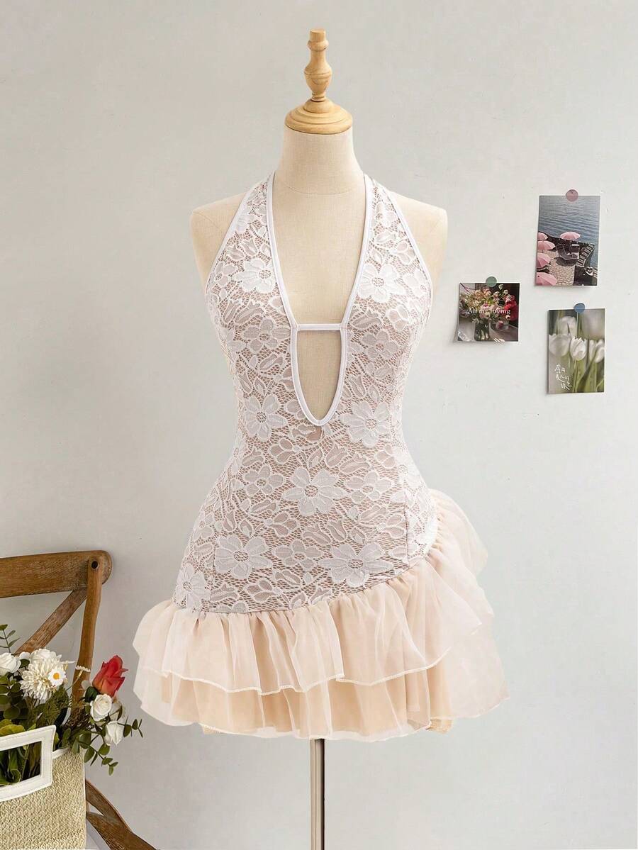 White See-Through Lace Halter Neck Plunging Neckline Sexy Mesh Dress - White - View 1