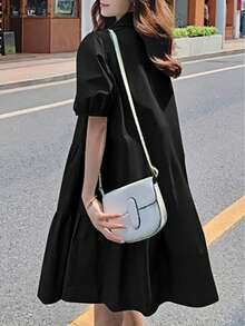 女式休闲荷叶边领泡泡袖及膝衬衫裙